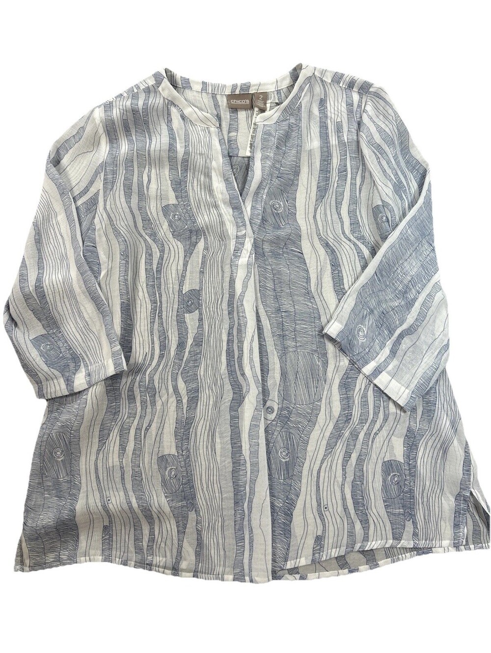 Chico Size 2 Semi Sheer Blue & White Print Chiffon Top V-Neck 3/4 Sleeves
